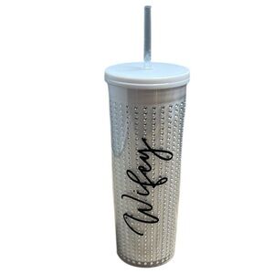 Wifey White Rhinestone Studded Tumbler with Straw Tall Cold Beverage NWT